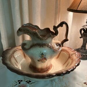 Vintage Victorian Style Floral Ceramic Pitcher and Basin Set